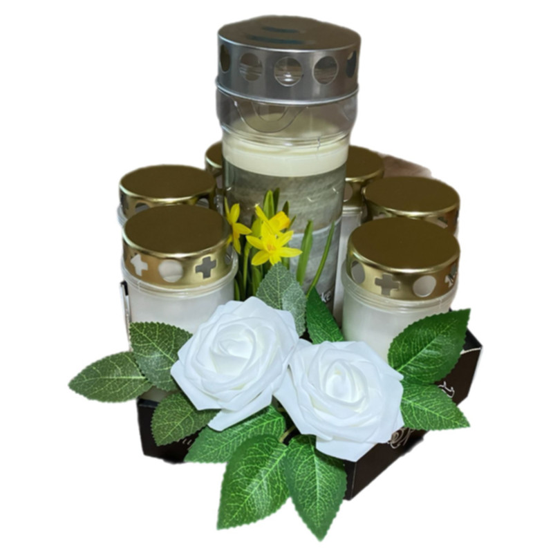 Trauer-Gedenk-Set 6 kleine & 1 große 7 Tages Qualitäts-Kerzen von Hofer-Kerzen, Kunstrose weiss